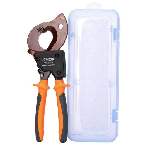 Pro Level Heavy Duty Ratchet Cable Cutter with orange grips and protective case for cutting wires up to 32mm.