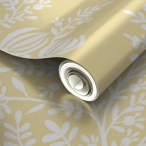 Hella Top Tier Floral White Cream Silver Metallic Wallpaper Textured Fibrous Design rolled up showing floral pattern, PVC free.