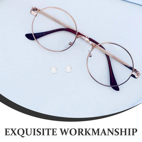 Push In Silicone Nose Pads For Glasses 50 Pack Non Slip Waterdrop Cushions Transparent Anti Sweat Replacement Inserts Super Grippy view with glasses and two pads.