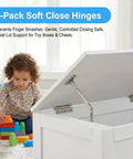 Child playing near toy box with Two Pack Soft Close Lid Support Hinges With Adjustable Tension For Toy Boxes Wooden Chests