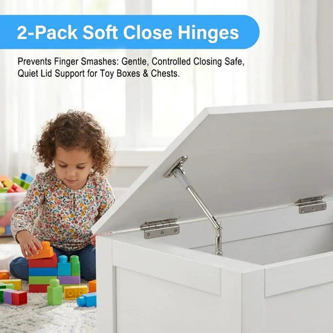 Child playing near toy box with Two Pack Soft Close Lid Support Hinges With Adjustable Tension For Toy Boxes Wooden Chests