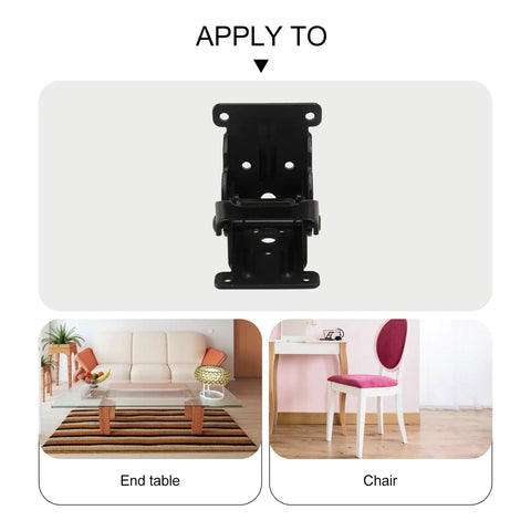 Two Pack Black Iron Folding Table Leg Hinges With Spring Mechanism shown with examples of end table and chair