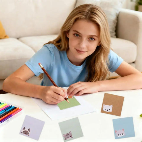 Girl writing on Cat Themed Sticky Notes 9 Pack 450 Sheets Lined Post It Notes Self Adhering Memo Pads For Office School Home Essentials