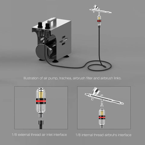 Illustration of Mini Airbrush Air Filter Moisture Trap with One Eighth BSP Threads and Oil Water Separator connected to airbrush unit