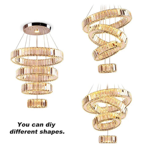 Four Ring Crystal LED Chandelier Pendant Light With Warm White 3000K Dope Modern Stainless Steel Ring Ceiling Fixture