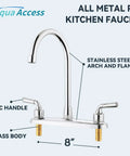 Heavy Duty All Metal RV Kitchen Faucet With Chrome Finish showcasing stainless steel arch and brass body, 8-inch design.