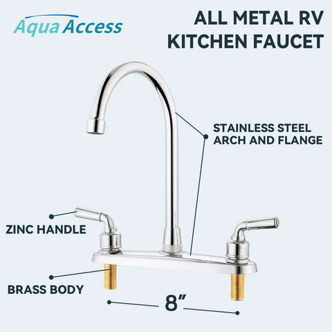 Heavy Duty All Metal RV Kitchen Faucet With Chrome Finish showcasing stainless steel arch and brass body, 8-inch design.