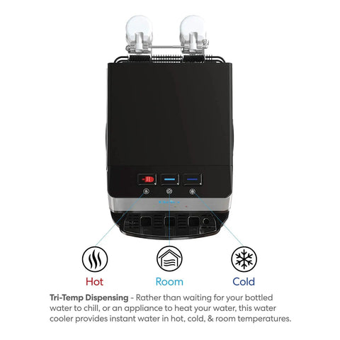 Countertop Bottleless Water Cooler Dispenser With Self Cleaning Filtration System showing front view of tri-temp settings