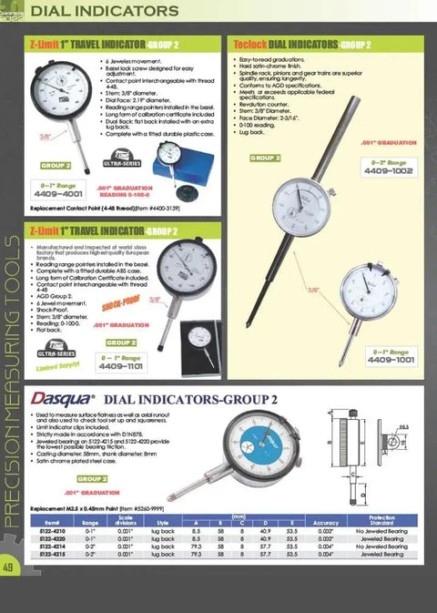 AGD Group 1 Dial Indicator 0 To.250 Inch, Three Eighths Inch Stem, Satin Chrome Finish, Jeweled Movement, Hardened Stainless Steel Rack And Contact Point, One And A Half Inch Dial Face, Lug Back, Reading 0 To 100,.001 Inch Graduation