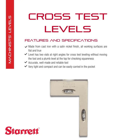 Cross Test Level And Plumb Tool For Machining Setup, Cast Iron Body With Satin Nickel Finish, Two Vials At Right Angles