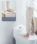 Person standing on Elongated Toilet Seat With Quiet Close, Grip Tight Bumpers, Easy To Install And Clean, White Comfort Seat For Heavy Duty Use, Strong Bearing Capacity, Anti Slip, Durable Construction For Quiet Nighttime Use.