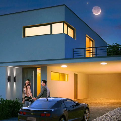 Modern home exterior with Dusk To Dawn Outdoor Wall Light With Sensor ETL Listed Aluminum Up Down Cylinder Sconce