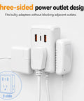 Ditch The Janky Setup With This 12 Ft Twin Extension Cord Offering Three Side Outlets And A Sleek Flat Plug For Zero Plug Fighting And Effortless Fast Charging Anywhere, showcasing three-sided outlet design.