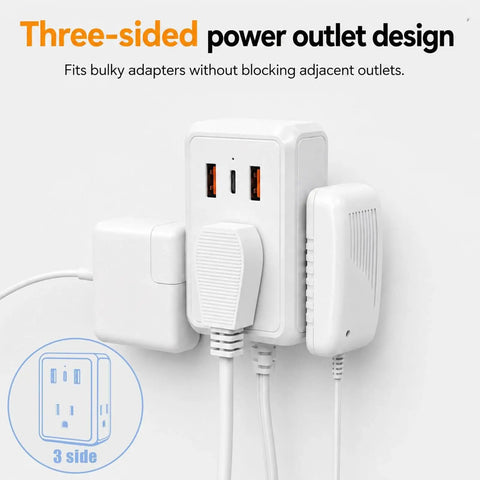 Ditch The Janky Setup With This 12 Ft Twin Extension Cord Offering Three Side Outlets And A Sleek Flat Plug For Zero Plug Fighting And Effortless Fast Charging Anywhere, showcasing three-sided outlet design.
