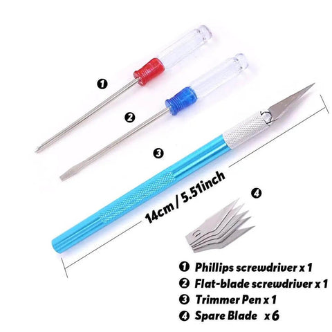 21Pcs Modeler Basic Tools Craft Set including screwdrivers, trimmer pen, and blades for DIY mecha and miniature car models