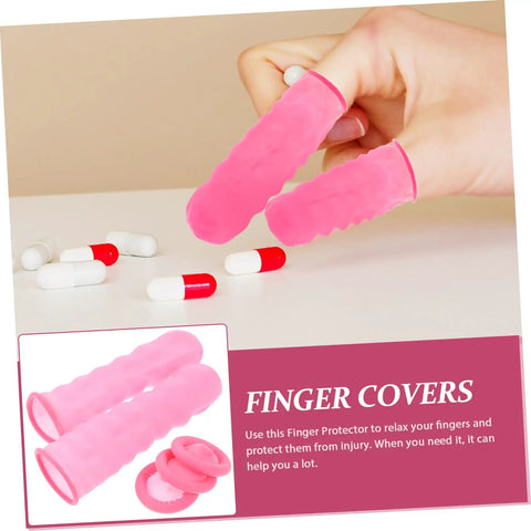No Sweat Finger Shields Durable Anti Static Pink Latex Covers For Joint Relief And Cracked Skin Repair on fingers with pills.