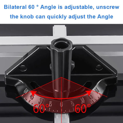 Rock Solid Adjustable Table Saw Miter Gauge With Precision Aluminum Fence And Clear Degree Scale For Dead Nuts Accurate Woodworking Cuts And Rapid Angle Adjustments, showing adjustable 60° angle with clear markings.