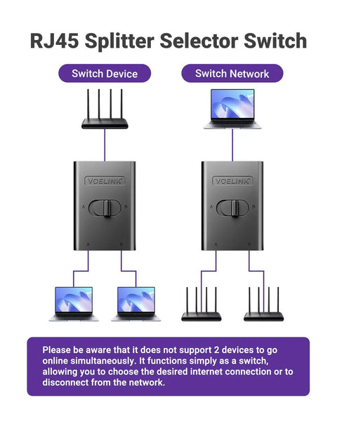Diagram of Two Port RJ45 Ethernet Switch And Passive Selector For Dual In One Out Or One In Dual Out with network setup.