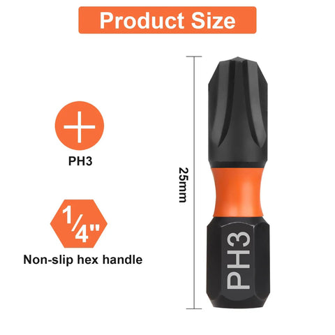 PH3 Phillips Screwdriver Bit Set 20Pcs, 25mm Length, One Quarter Inch Hex Shank, TS2 Chrome Vanadium Steel, close-up view