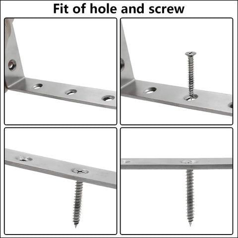 Close-up of Heavy Duty L Shaped Shelf Brackets Set showing screw fit in stainless steel corner braces holes.