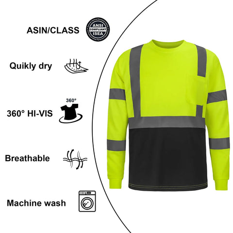 Kickass High Visibility Class 3 Hi Vis Safety Shirt With Reflective Strips And Pocket Long Sleeve Quick Dry Mesh Workwear For Construction Jobs Built Tough And Sweat Free For Active Crews In Lime And Black, featuring breathable mesh.