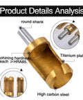 Pro Grade Titanium Plated Wood Plug Cutter Drill Bit Set With Straight And Tapered Heads For Smooth Counterbore Finishing showing round shank and titanium coating.