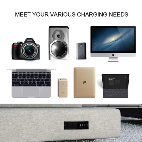 Recessed Conference Table Power Strip With USB Ports, Desktop Charging Station, installed in table with various devices charging