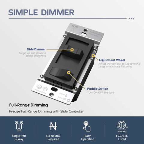 Black In Wall Dimmer Switch With 3 Way And Single Pole Control Smooth Dimming For 300W LED CFL And 600W Incandescent Wall Plate Included ETL Listed Universal Lighting Control For Any Room In The Home, showcasing slide dimmer and adjustment wheel feature, black color front view.