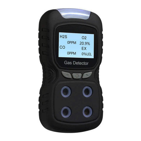 Dope 4 In 1 Gas Detector Handheld Rechargeable Portable Gas Clip Monitor with display showing 4 gas readings, black.