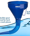Blue funnel with flexible spout from Color Coded Automotive Flex Funnel Kit With Hose And Mesh Filter 2 Pack Wide Mouth Oil Funnel