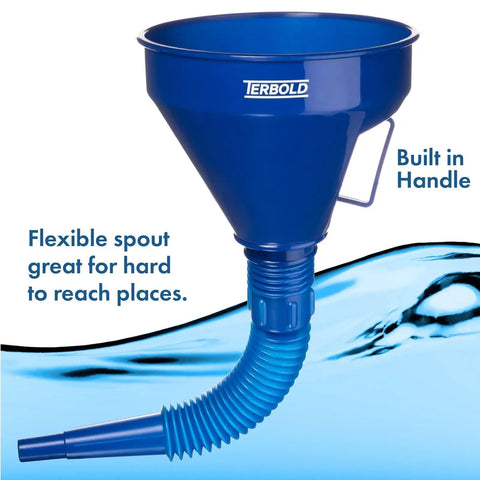 Blue funnel with flexible spout from Color Coded Automotive Flex Funnel Kit With Hose And Mesh Filter 2 Pack Wide Mouth Oil Funnel