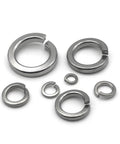 530 Piece 304 Stainless Steel Split Lock Washer Kit With M2 M3 M4 M5 M6 M8 M10 M12 Size Assortment, Heavy Duty Lock Washers That Prevent Nuts And Bolts From Loosening From Vibration, Great For Auto, Machinery, And DIY Projects. Assorted stainless steel split lock washers shown on white background
