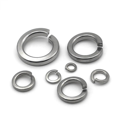 530 Piece 304 Stainless Steel Split Lock Washer Kit With M2 M3 M4 M5 M6 M8 M10 M12 Size Assortment, Heavy Duty Lock Washers That Prevent Nuts And Bolts From Loosening From Vibration, Great For Auto, Machinery, And DIY Projects. Assorted stainless steel split lock washers shown on white background