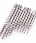 10 Piece Micro Tap Drill Bit Set M1 To M3.5 Metric Thread Bits Kit HSS High Speed Steel arranged in a row on white background