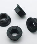 Twenty Piece Pack Of M10 X 1.25mm Metric Hex Serrated Flange Lock Nuts Built Rock Solid Out Of Heavy Duty Carbon Steel With A Clean Black Coat on display.