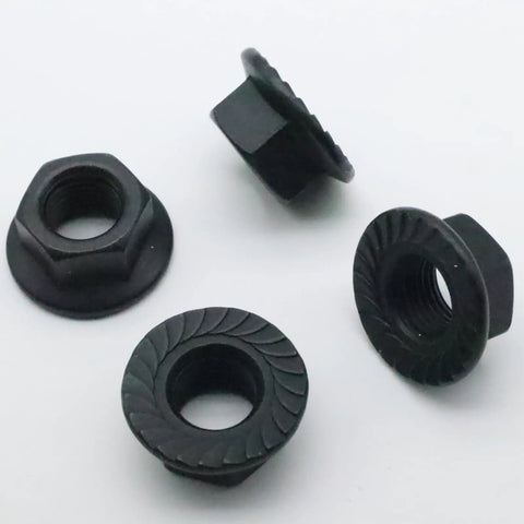 Twenty Piece Pack Of M10 X 1.25mm Metric Hex Serrated Flange Lock Nuts Built Rock Solid Out Of Heavy Duty Carbon Steel With A Clean Black Coat on display.