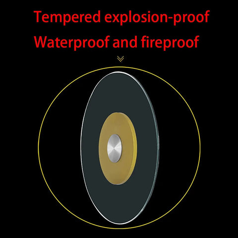 Tempered glass cross-section showcasing explosion-proof, waterproof, and fireproof features of Solid Tempered Glass Lazy Susan Turntable.