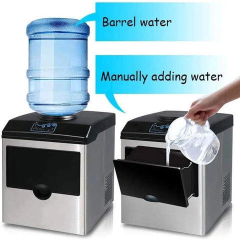 Badass Compact Countertop Ice Maker Churns Fifty Five Pounds Of Crisp Round Cubes Daily with water barrel and manual fill options.