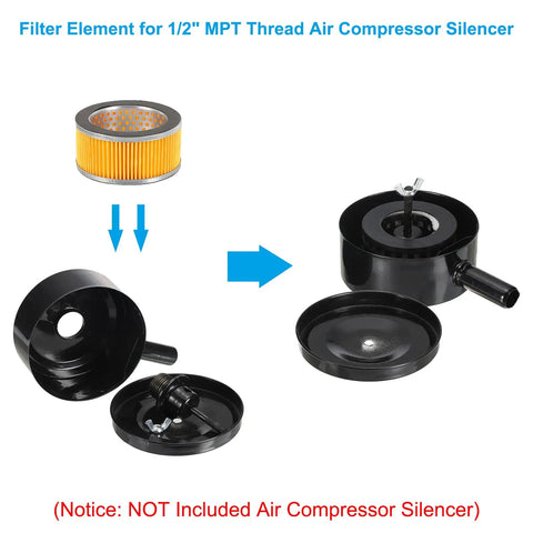4.2 By 2 Inch Air Compressor Intake Paper Filter 4 Pack with black assembly parts shown separately