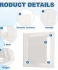 Product details of Sturdy White Abs Plastic Drywall Access Panel Fits 7 By 7 Inch Openings With Double Sided Tape displaying handle, latch, hinges.