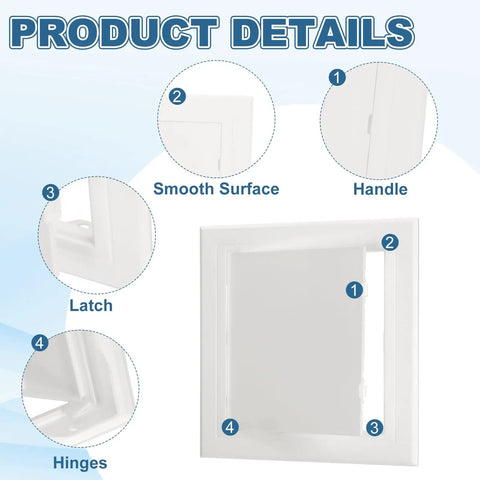 Product details of Sturdy White Abs Plastic Drywall Access Panel Fits 7 By 7 Inch Openings With Double Sided Tape displaying handle, latch, hinges.