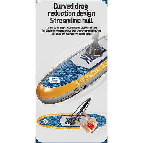 Curved design of RC Sailboard Surfing Boat With Animated Surfer, 2.4G Remote Control, LED Lights, Never-Flip, yellow, detail view