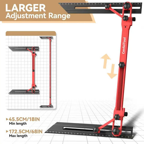 Slick Adjustable Master Woodworking Stair Tread Jig And Heavy Duty Template System With Upgraded Locking Mechanism For Zero Sweat Setup And Straight Shot Accuracy, showing adjustable range from 18 to 68 inches.