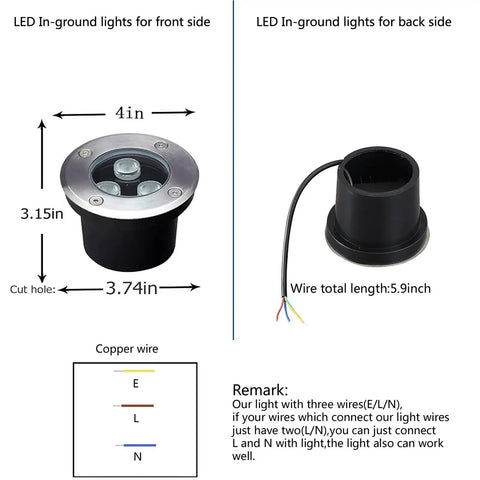 Diagram showing In Ground 3W Landscape LED Well Lights 4 Inch Diameter, 110V 120V High Voltage with dimensions and wiring details.