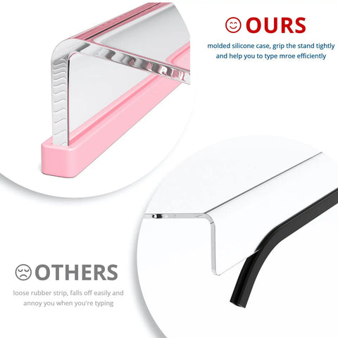Comparison of clear acrylic tilted keyboard stand with silicone non-slip pad and another with a loose rubber strip.