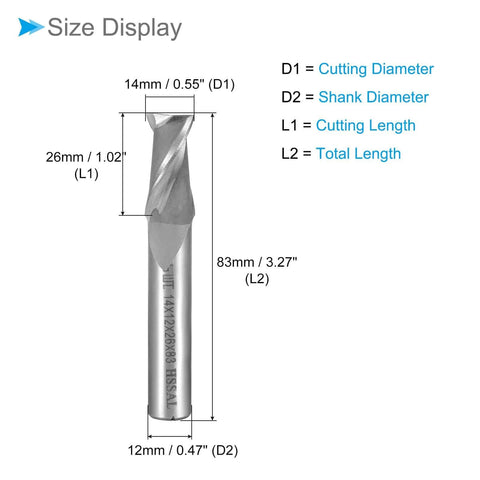 CoCud square-nose end mill router bit, 14mm cutting diameter, 12mm shank, 26mm flute length, HSS-AL, 2 flutes.