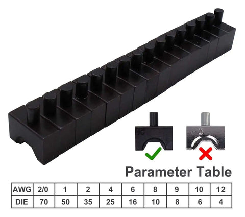 Eight interchangeable dies for Beefy 10 Ton Hydraulic Crimping Tool with parameter table for cable lug terminals.