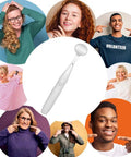 Dental Mirror With LED Light For Easy Teeth Inspection surrounded by diverse smiling faces in a circular layout