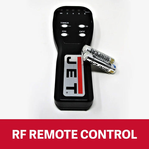 RF remote control with JET branding and batteries included, suitable for dust collector operations.