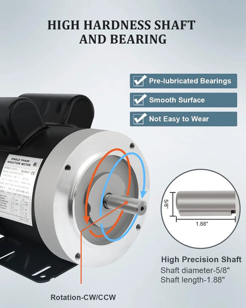 "Beast 1.5HP Single Phase Air Compressor Motor With 1750 RPM 56C Frame Dual Voltage 115 230V Five Eighths Inch Shaft CW And CCW Rotation TEFC IP55 60Hz Fully Enclosed Fan For Wet And Dusty Jobs showing shaft details with pre-lubricated bearings and rotation diagram."